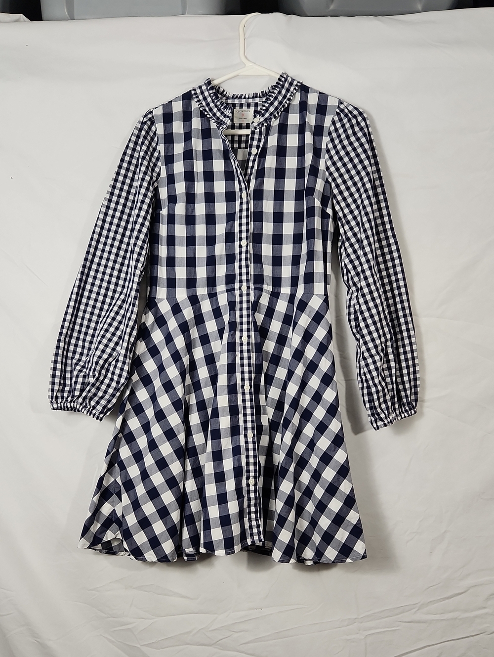 J Crew Crewcuts Girls Navy & White Gingham Button-Front Long Sleeve Dress